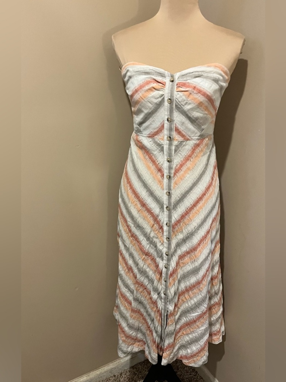 Free People Strapless Button-Front Midi Dress in White with Peach Stripes, small